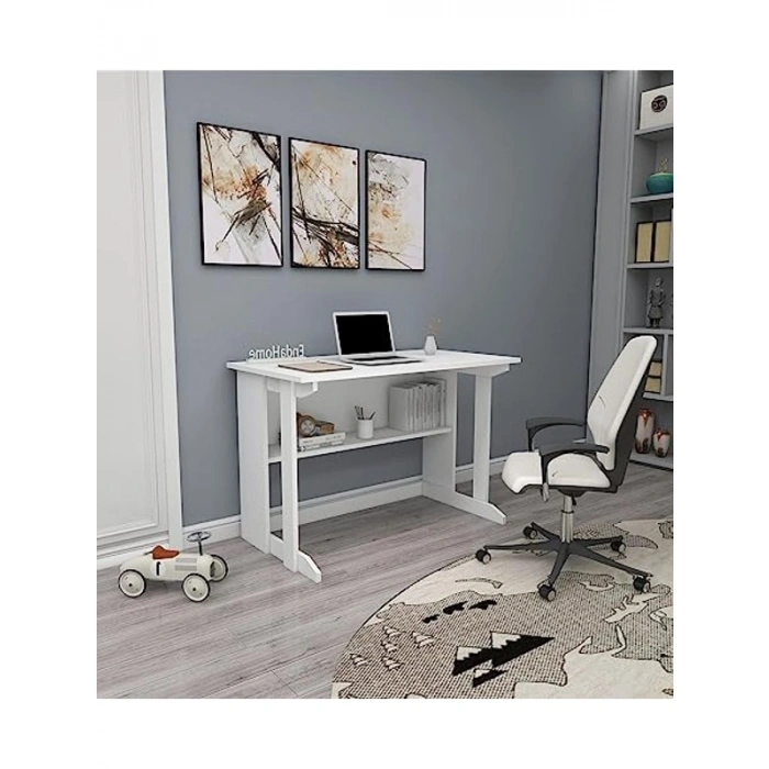 Beyaz Raflı Ders Çalışma Bilgisayar Masası, Modern Tasarım