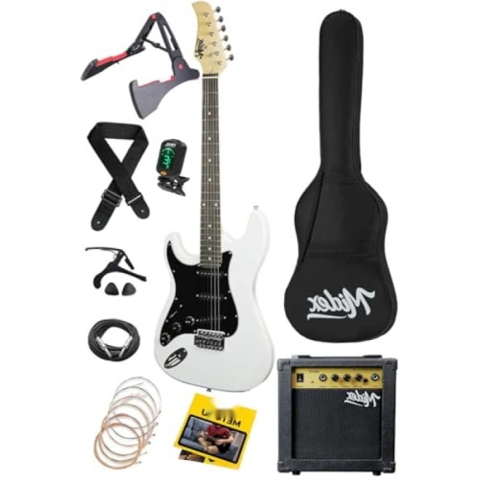 Beyaz Renkli Amfili Full Elektro Gitar Seti - 39 İnç