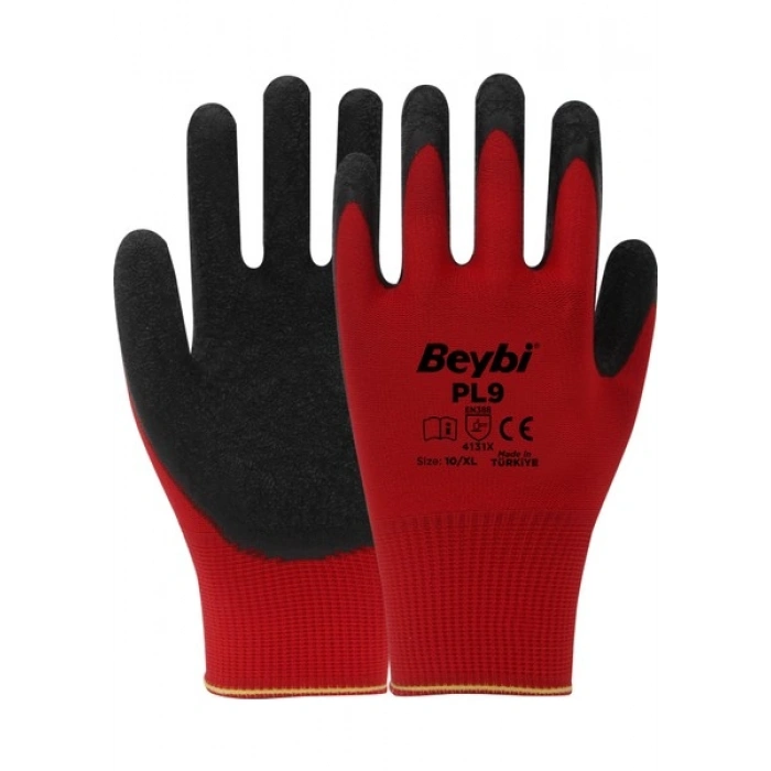 Beybi Pl9 Polyester Örme Lateks Eldiven Kırmızı 12 Çift