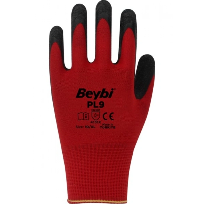 Beybi Pl9 Polyester Örme Lateks Eldiven Kırmızı 12 Çift
