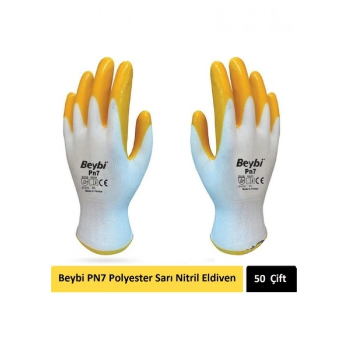 Beybi Pn7 Montajcı Polyester Sarı Nitril Eldiveni 50 Çift No:10