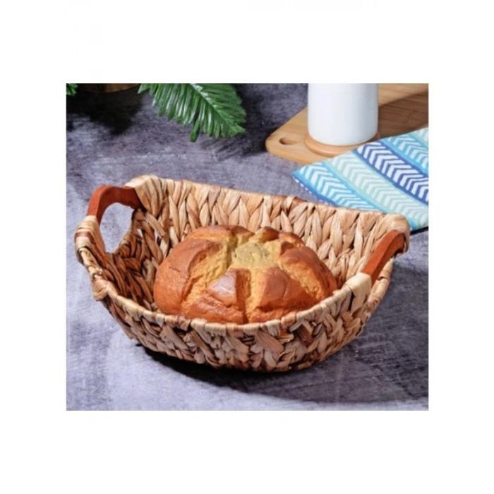 Bezli Oval Ahşap Kulplu Dekoratif Hasır Ekmek Sepeti