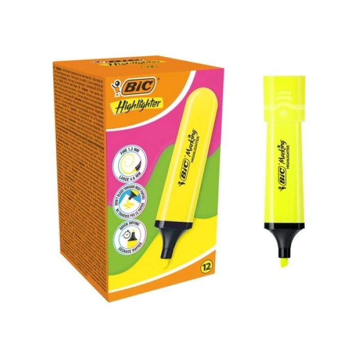 Bic 968583 Fosforlu Kalem Marking Flat Highlighter 12 Li Sarı (1 Paket 12 Adet)