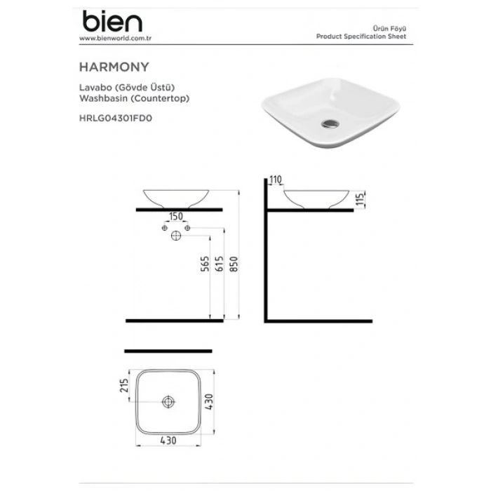 Bien Harmony 43 cm Gövde Üstü Lavabo Batarya Deliksiz Taşma Kanalsız