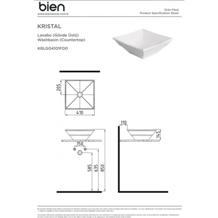 Bien Kristal Kare Beyaz Deliksiz Lavabo 41 Cm