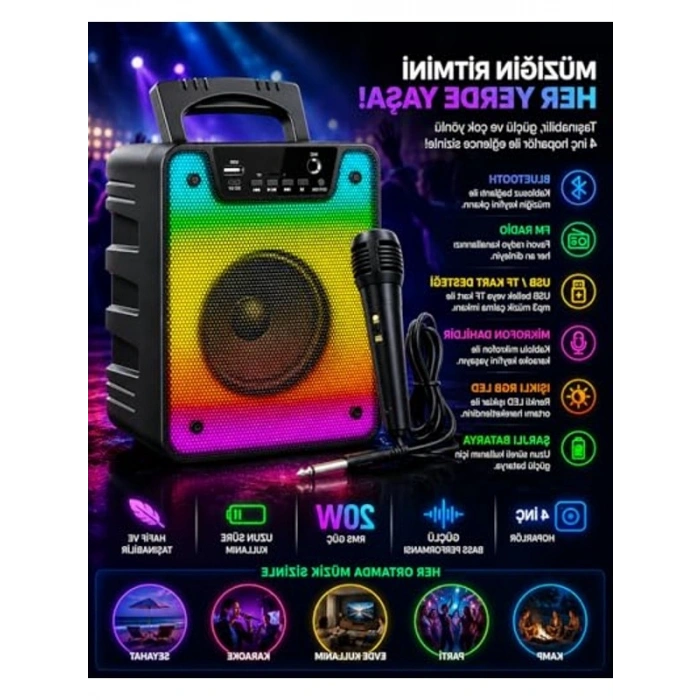 Bluetooth Parti Hoparlörü - RGB Işıklı ve Mikrofonlu
