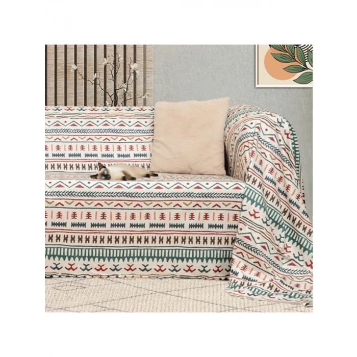 Boho Etnik Desenli Mikrofiber Koltuk Örtüsü, Kaymaz 130x180 cm