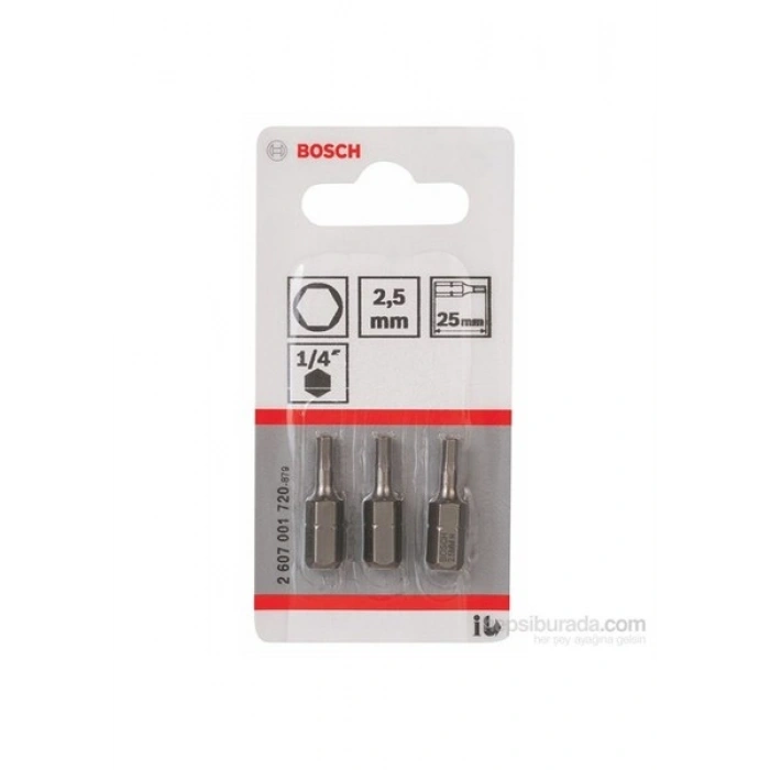 Bosch - 3Lü Paket - Ekstra Sert Seri Vidalama Ucu - Hex 2,5, 25 Mm