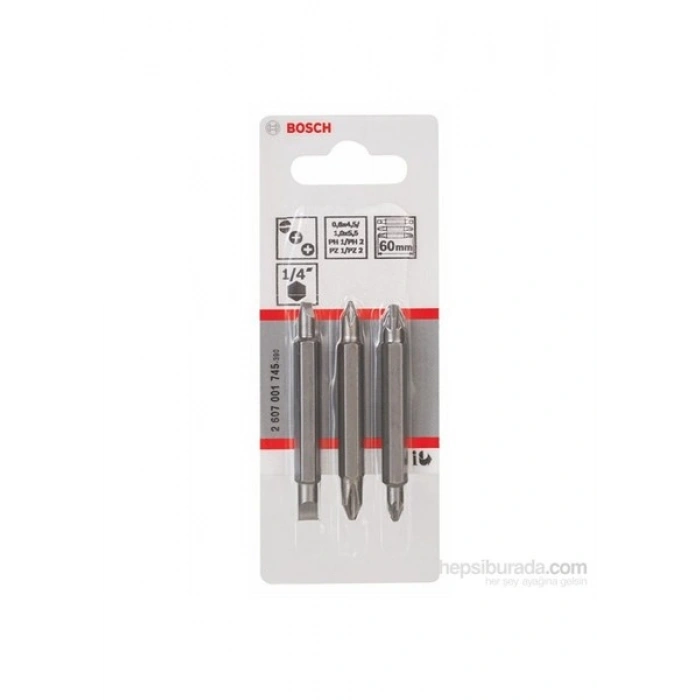 Bosch - 3 Parçalı Çift Taraflı Vidalama Ucu Seti - Ph1, Pz1, S 0,6X4,5: Ph2, Pz2, S 1,0X5,5: 60 Mm
