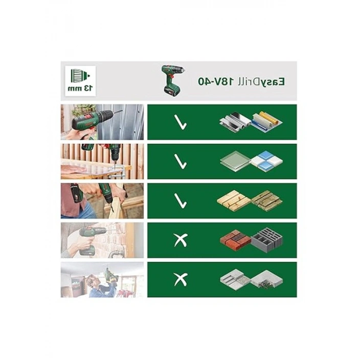 Bosch Home and Garden 06039D8005 EasyDrill 18V-40 akülü tornavida (2 akü 2,0 Ah, 18 Volt sistem, çantada)