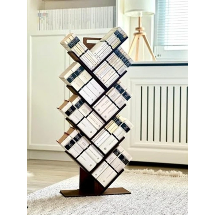 Büyük Boy Geometrik Ağaç Kitaplık, 8 Raflı Tasarım