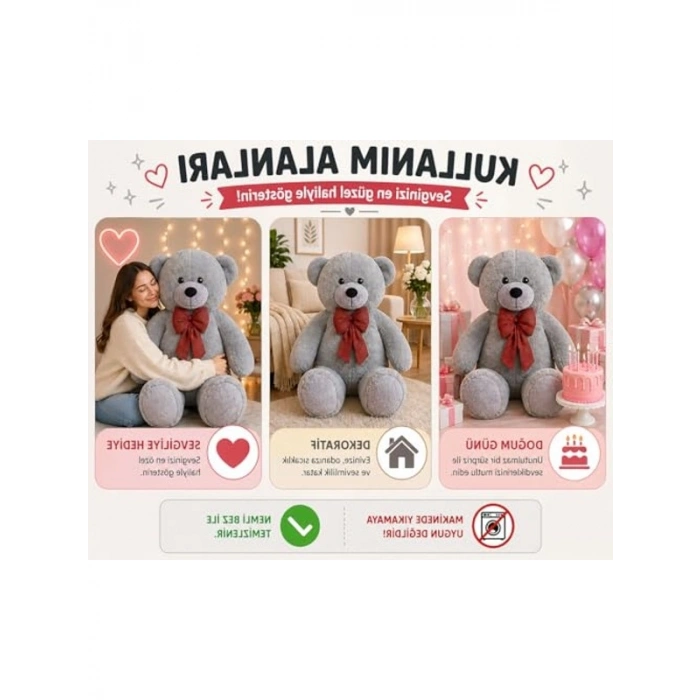 Büyük Boy Gri Peluş Ayıcık, Sevimli ve Sarılmalık Hediye Seçeneği