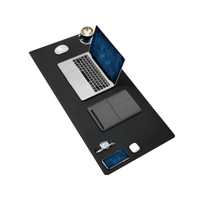 Büyük Boy PU Deri Mouse Pad - Dikişli Kenar - Çift Yönlü Kullanım (Siyah, 90x40 cm)