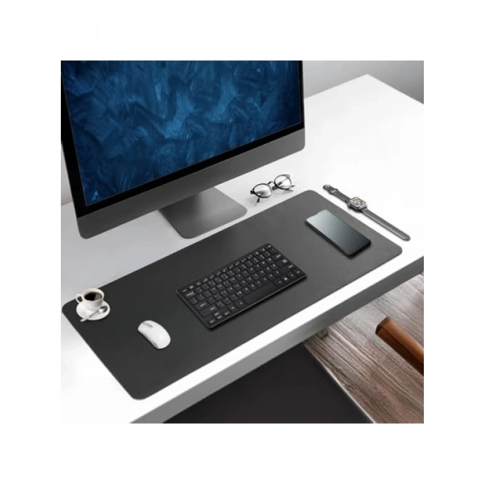 Büyük Boy PU Deri Mouse Pad - Dikişli Kenar - Çift Yönlü Kullanım (Siyah, 90x40 cm)