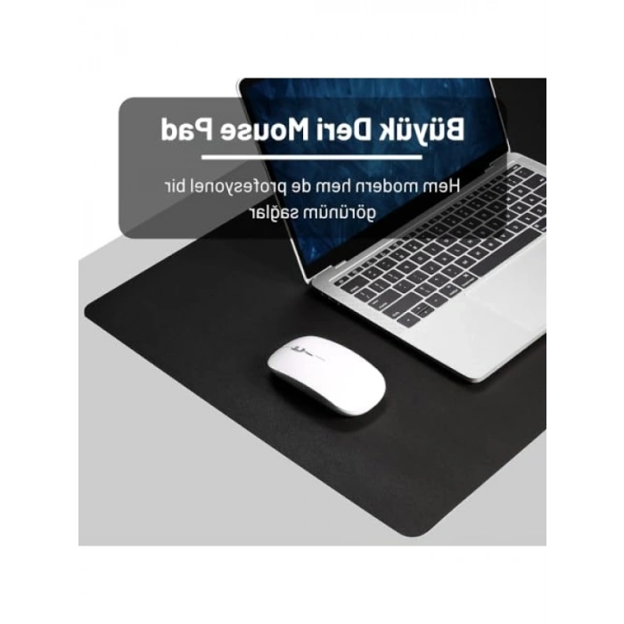 Büyük Boy PU Deri Mouse Pad - Dikişli Kenar - Çift Yönlü Kullanım (Siyah, 90x40 cm)