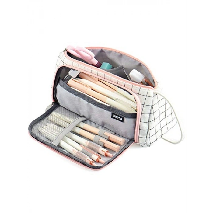 Büyük Kapasiteli Pembe Kalem Kutusu - 3 Katlı Tasarım