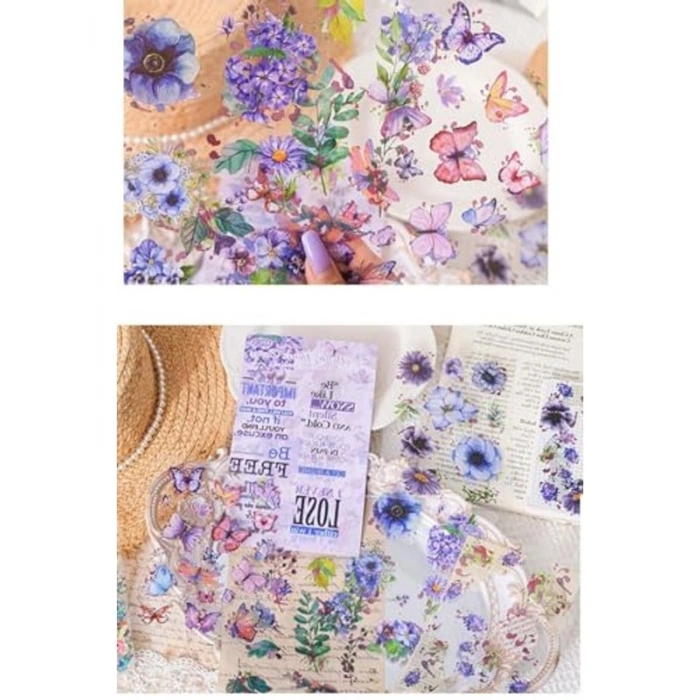 Büyük Mor Çiçek Sticker Seti, 60 Adet, Şeffaf