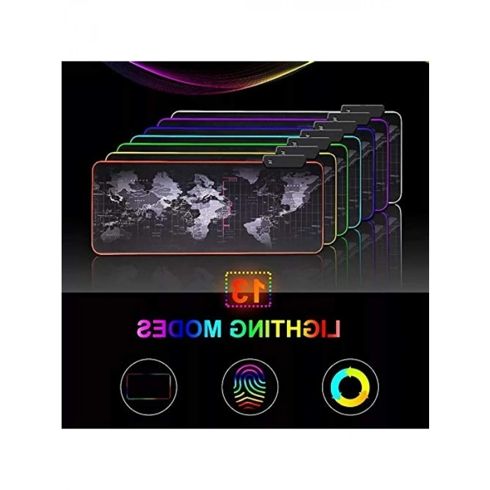 RGB Aydınlatmalı Büyük Oyuncu Mousepad, Dünya Haritası Desenli 80x30 cm