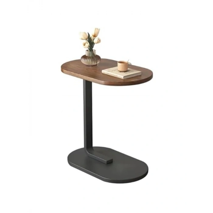 C Tipi Yan Sehpa, Metal Gövde ve Ahşap Desenli Tabla