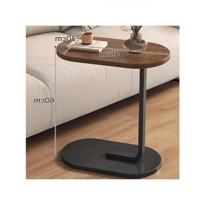 C Tipi Yan Sehpa, Metal Gövde ve Ahşap Desenli Tabla