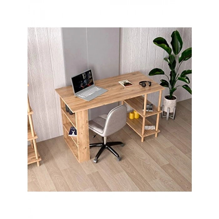 Çalışma Masası - Ahşap Ayaklı 4 Raflı