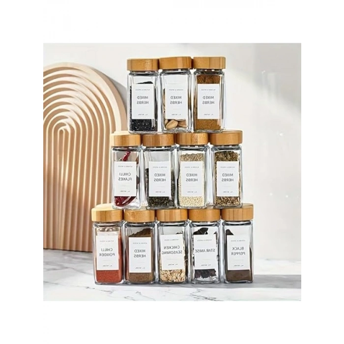 Cam Baharatlık Seti - 12 Adet, Bambu Kapaklı, Etiketli