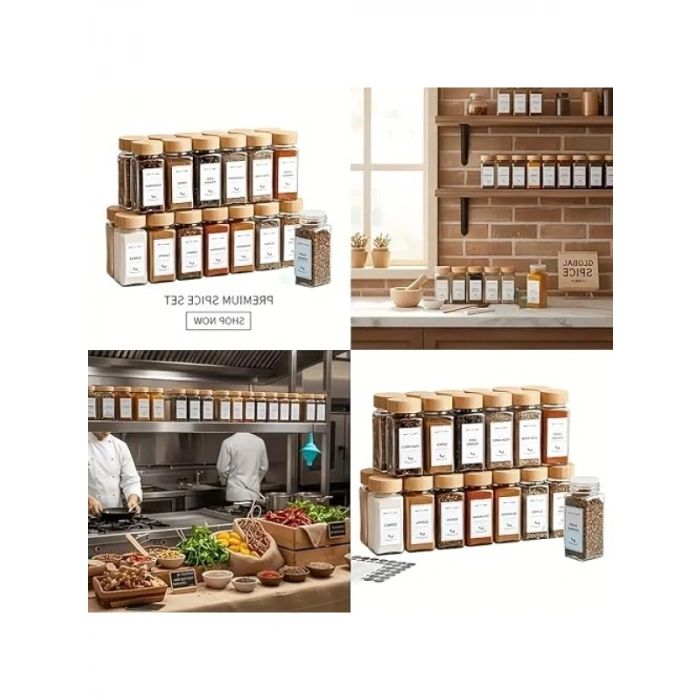 Cam Baharatlık Seti - 12 Adet, Bambu Kapaklı, Etiketli