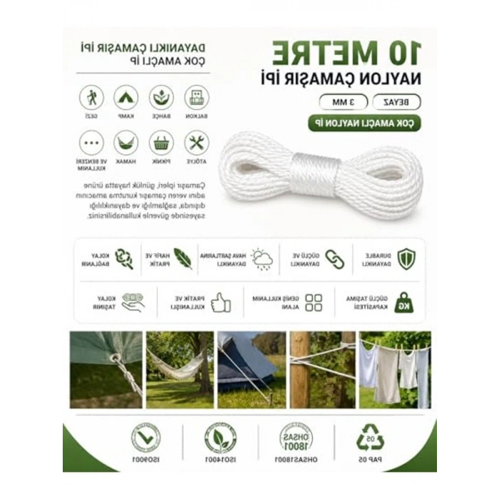 Çamaşır İpi, 10 Metre Uzunluk ve 3 mm Kalınlık ile Dayanıklı