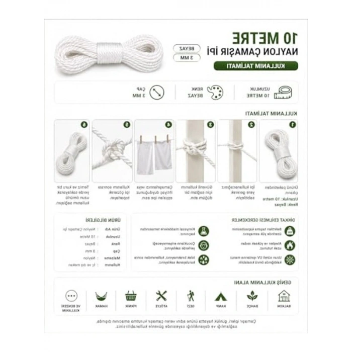 Çamaşır İpi, 10 Metre Uzunluk ve 3 mm Kalınlık ile Dayanıklı