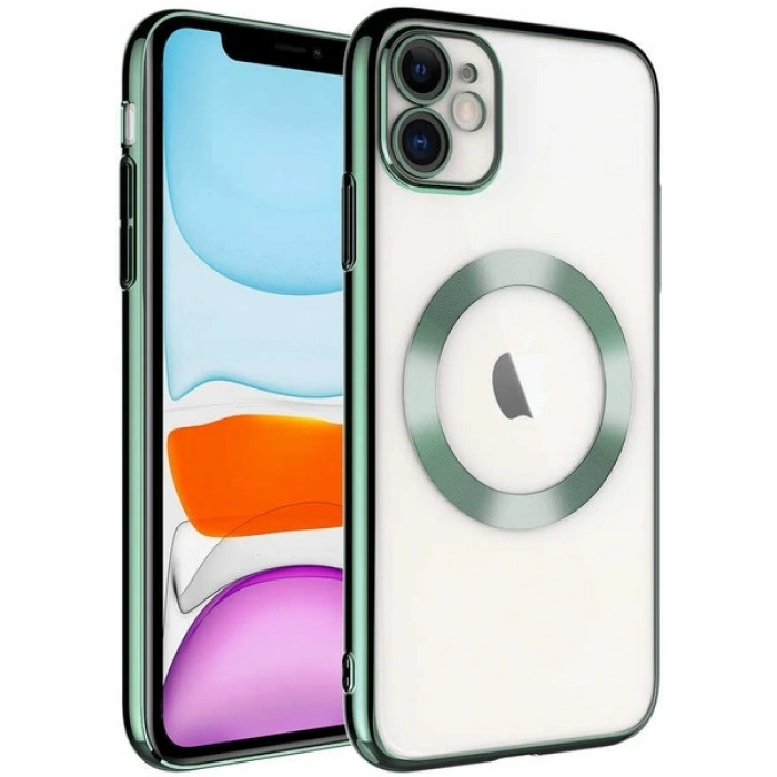 Case 4U Apple iPhone 11 Kılıf Kamera Korumalı Wireless Şarj Özellikli Sert PC Riksos Magsafe Silikon Kapak Koyu Yeşil