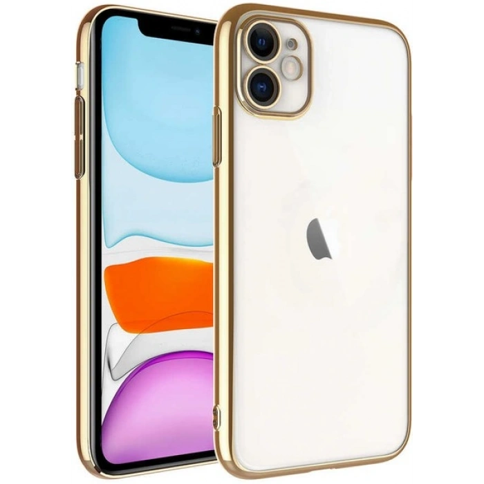 Case 4U Apple iPhone 11 Kılıf Sert PC Renkli Çerçeveli Riksos Silikon Kapak Altın
