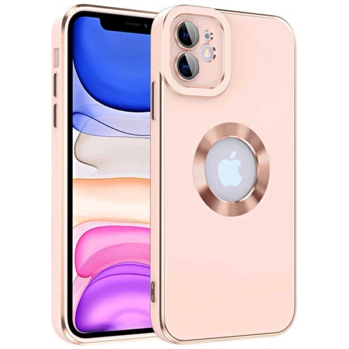Case 4U Apple iPhone 12 Kılıf Kamera Korumalı Parlak Kenarlı Altın Işlemeli Renkli Logo Gösteren Kongo Kapak Rose Gold
