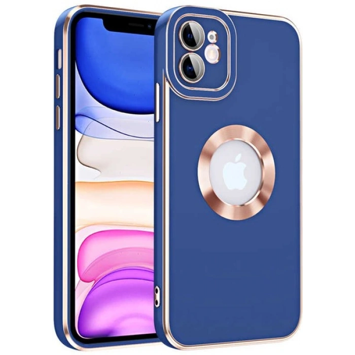 Case 4U Apple iPhone 12 Kılıf Kamera Korumalı Parlak Kenarlı Altın Işlemeli Renkli Logo Gösteren Kongo Kapak Lacivert