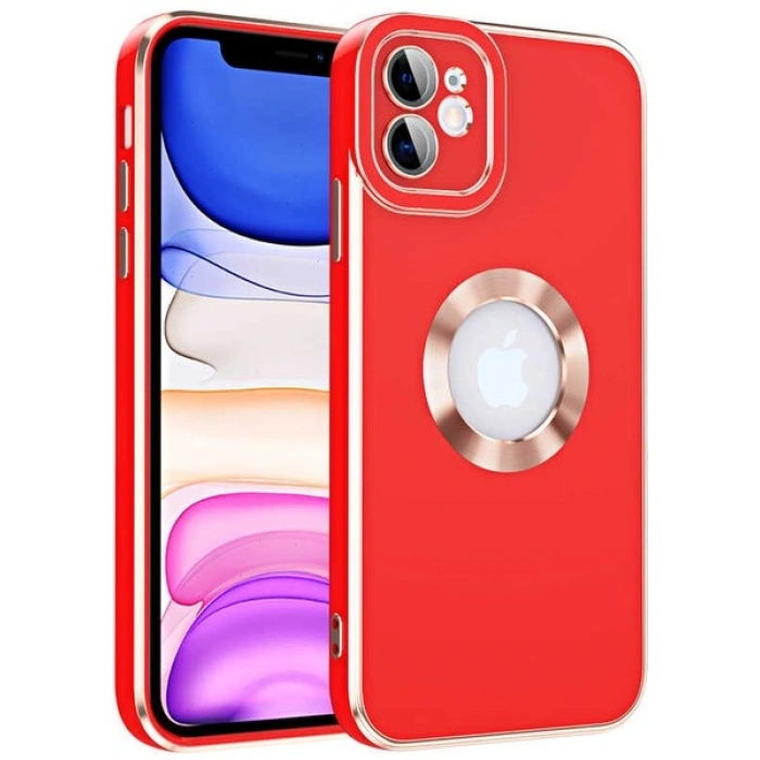 Case 4U Apple iPhone 12 Kılıf Kamera Korumalı Parlak Kenarlı Altın Işlemeli Renkli Logo Gösteren Kongo Kapak Kırmızı
