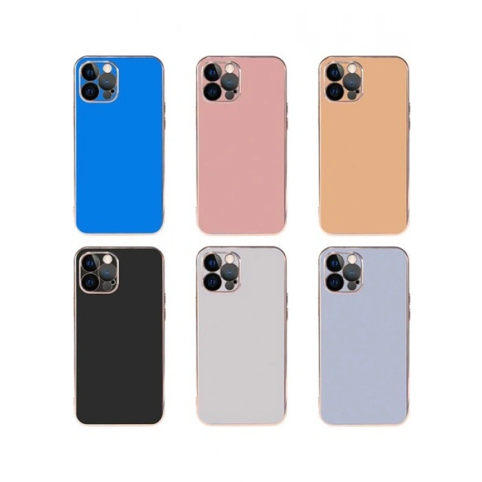 Case 4U Apple iPhone 12 Pro Max Kılıf Kamera Korumalı Altın Renkli Kenar Viyana Arka Kapak Açık Mavi