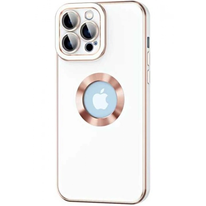 Case 4U Apple iPhone 12 Pro Max Kılıf Kamera Korumalı Parlak Kenarlı Altın Işlemeli Renkli Logo Gösteren Kongo Kapak Beyaz