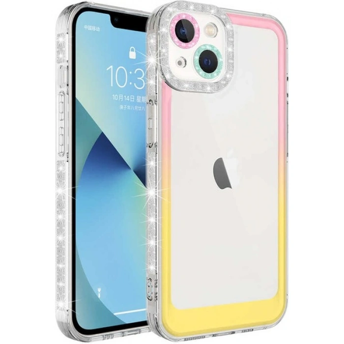 Case 4U Apple iPhone 13 Kılıf Simli ve Renk Geçiş Tasarımlı Lens Korumalı Park Kapak Pembe - Sarı