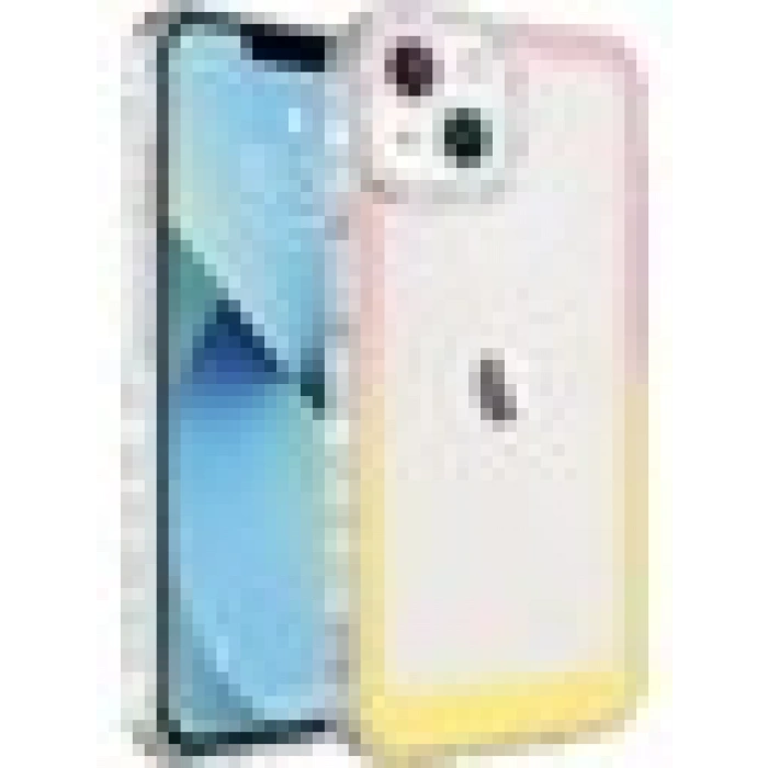 Case 4U Apple iPhone 13 Kılıf Simli ve Renk Geçiş Tasarımlı Lens Korumalı Park Kapak Pembe - Sarı