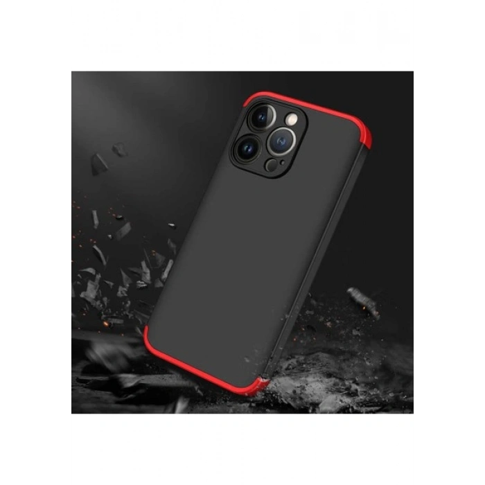 Case 4U Apple iPhone 13 Pro Kılıf 3 Parçalı Tam Koruma Sert Mika Ays Kapak Siyah Kırmızı