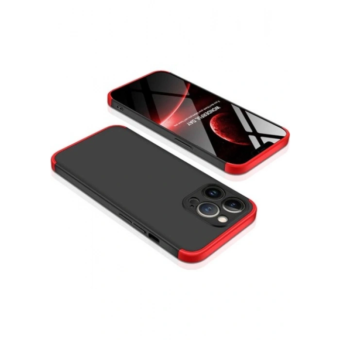 Case 4U Apple iPhone 13 Pro Kılıf 3 Parçalı Tam Koruma Sert Mika Ays Kapak Siyah Kırmızı