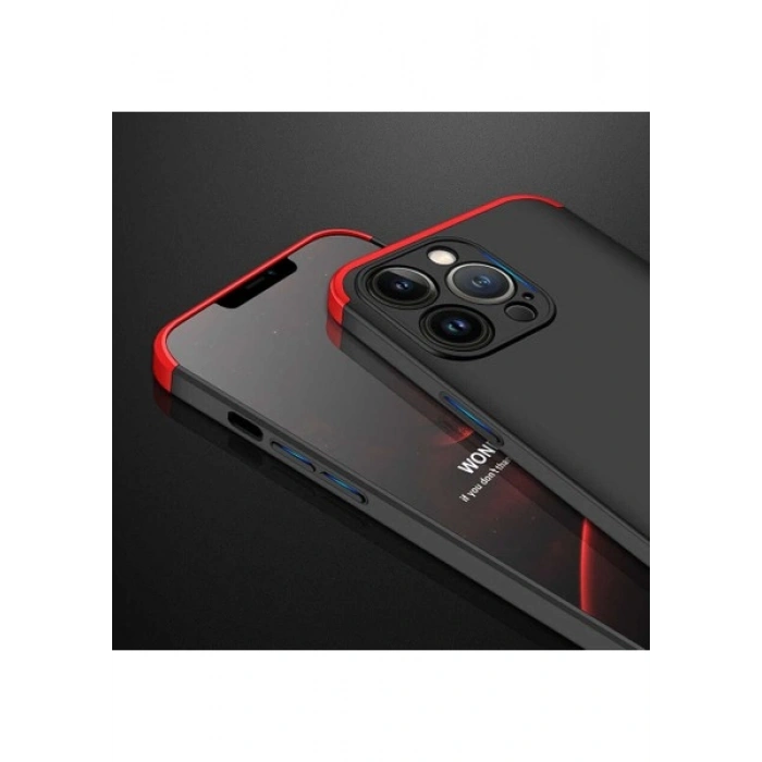 Case 4U Apple iPhone 13 Pro Kılıf 3 Parçalı Tam Koruma Sert Mika Ays Kapak Siyah Kırmızı