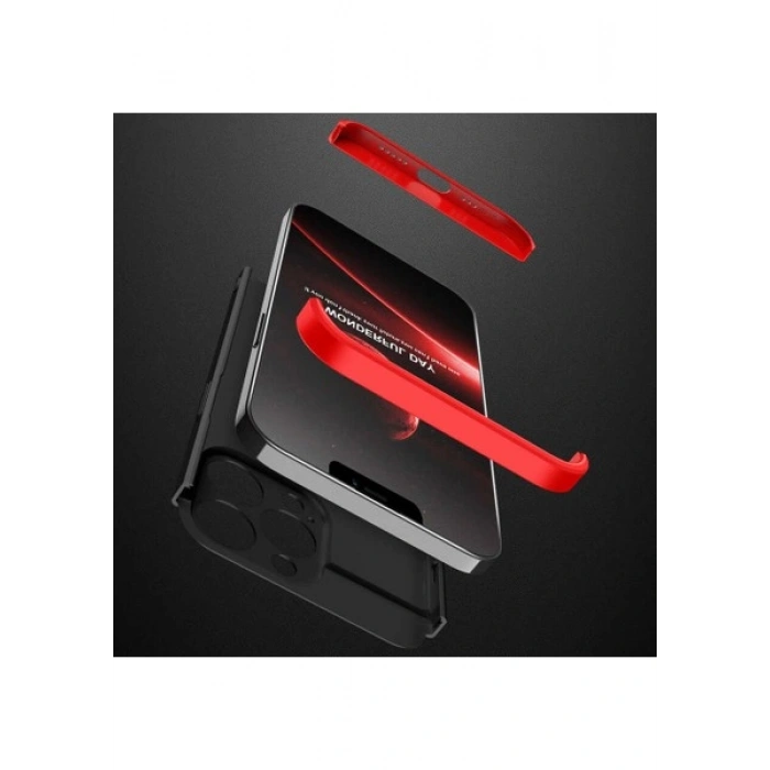 Case 4U Apple iPhone 13 Pro Kılıf 3 Parçalı Tam Koruma Sert Mika Ays Kapak Siyah Kırmızı