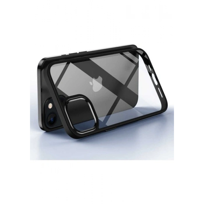 Case 4U Apple iPhone 13 Pro Kılıf Renkli Kenar Metal Kamera Çerçeveli Krom Arka Kapak Siyah
