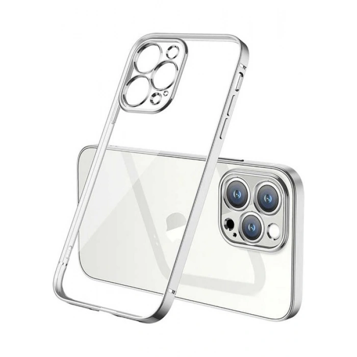 Case 4U Apple iPhone 13 Pro Max Kılıf Renkli Kenar Elektroplatin Kaplama Darbeye Dayanıklı Şeffaf Yüzey Gbox Kapak Gümüş