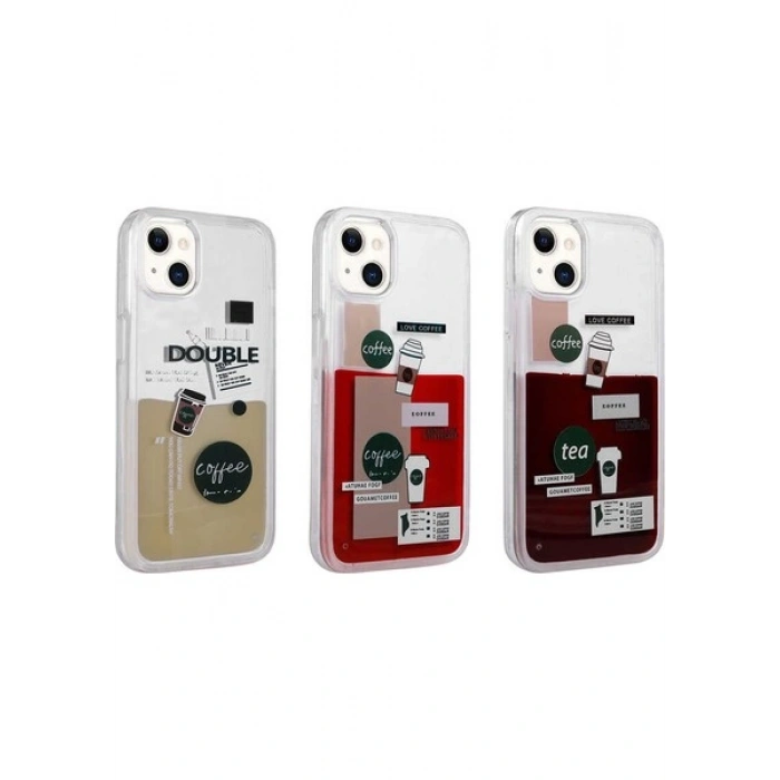 Case 4U Apple iPhone 14 Kılıf Desenli Sıvılı Coffee Drink Tasarımlı Silikon Kapak NO3 Krem