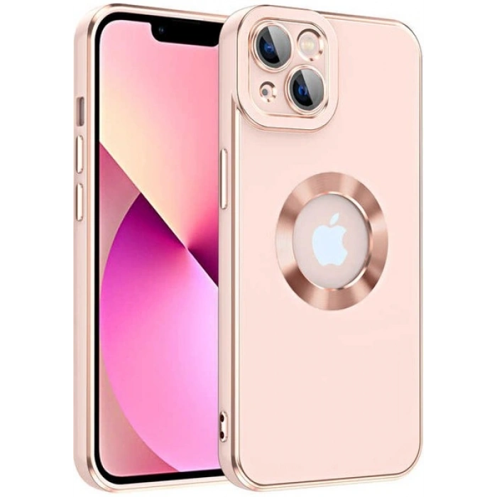 Case 4U Apple iPhone 14 Kılıf Kamera Korumalı Parlak Kenarlı Altın Işlemeli Renkli Logo Gösteren Kongo Kapak Rose Gold