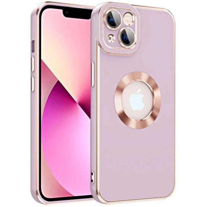 Case 4U Apple iPhone 14 Kılıf Kamera Korumalı Parlak Kenarlı Altın Işlemeli Renkli Logo Gösteren Kongo Kapak Mor