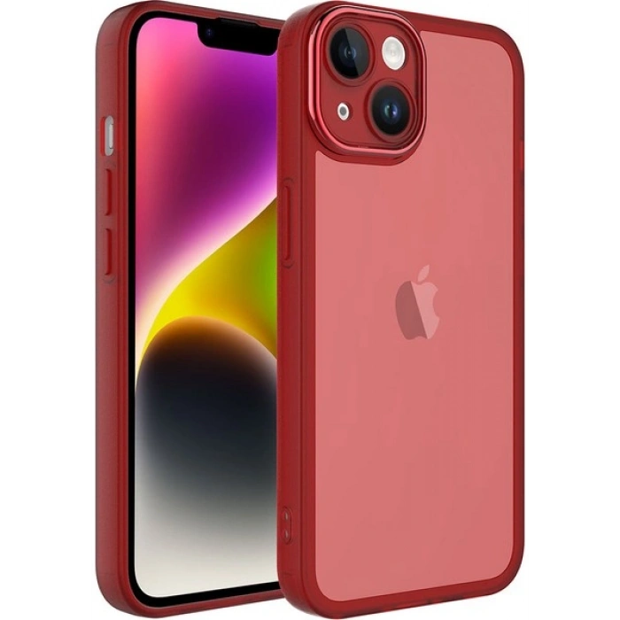Case 4U Apple iPhone 14 Plus Kılıf Kamera Korumalı Parlak Tasarımlı Renkli Darbe Emici Transparan Post Kapak Kırmızı