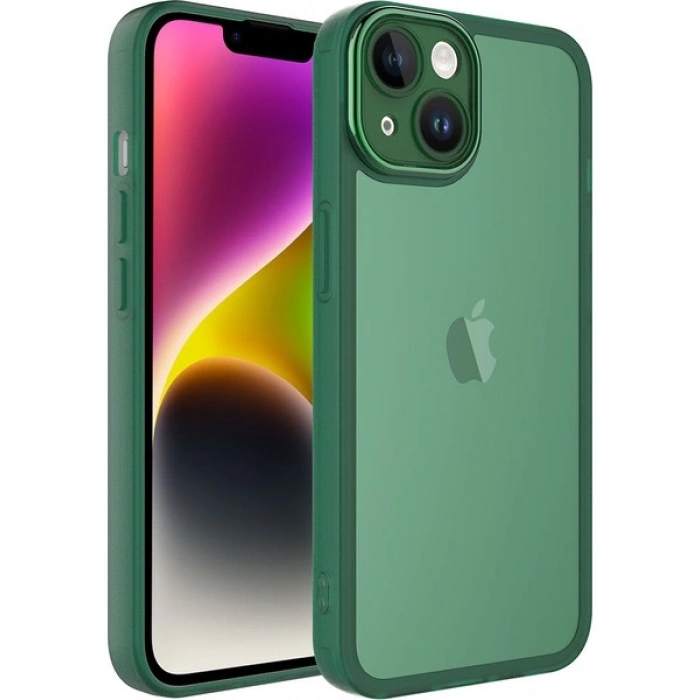 Case 4U Apple iPhone 14 Plus Kılıf Kamera Korumalı Parlak Tasarımlı Renkli Darbe Emici Transparan Post Kapak Koyu Yeşil
