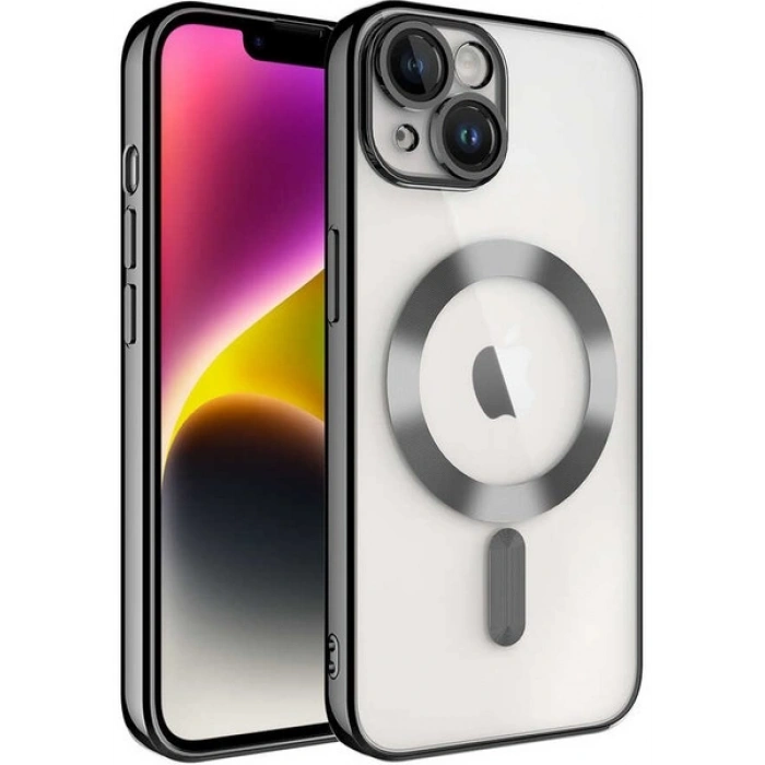Case 4U Apple iPhone 14 Plus Kılıf Kamera Lens Korumalı Magsafe Şarj Kılıfı Şeffaf Renkli Yumuşak Demre Kapak Siyah